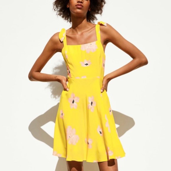 Zara Dresses & Skirts - Zara Yellow Pink Floral A-Line Dress Tie Straps